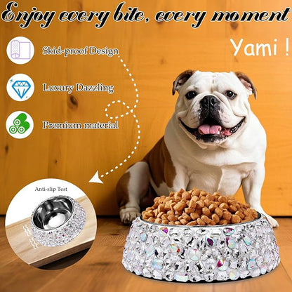 SlowVibes Diamond Stainless Steel Dog Cat Bowl, Detachable, 12 oz | Big rhinestone metal food or water bowl for small dogs and cats, rust-resistant non-slip puppy dish, sparkle pet essential