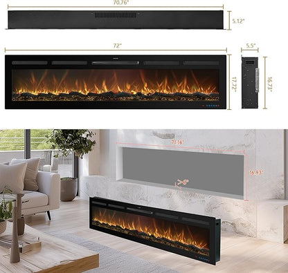 72 Inch WiFi-Enabled Recessed Electric Fireplace Inserts