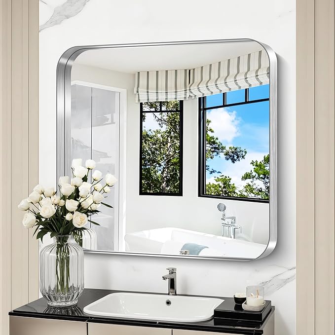 CIRCUMI Silver Bathroom Mirror, Rounded Corner, Tempered Glass, Square Mirror