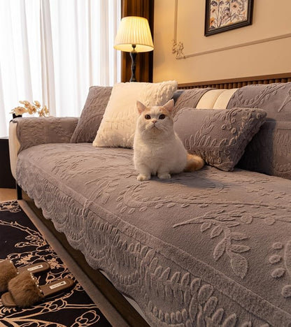 Grey Fuzzy Rabbit Plush Sofa Cover Cozy Warm Sofa Couch Covers with 3D Jacquard Leaf Pattern Non-Slip Easy-to-Install Shaggy Sofa Slipcover Prefect for Kids Dogs Cats Cats(Grey,36"x28")