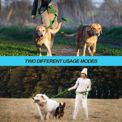 PetBonus Double Dog Leash, No Tangle Dual Leash, Reflective Walking Training Lead, 4 Comfortable Padded Handles for 2 Dogs with Collapsible Bowl and Waste Bags (Grass Green, Large)