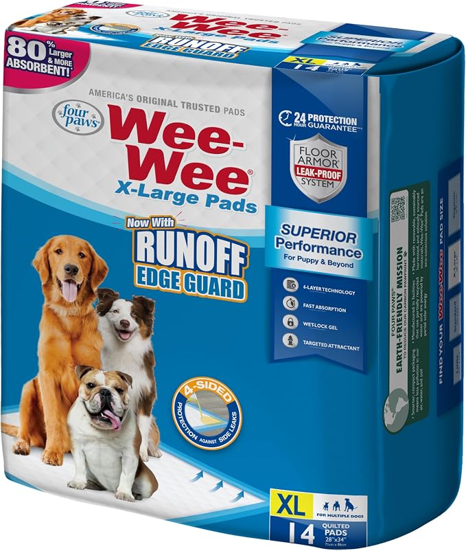 Four Paws Wee-Wee Superior Performance Unscented Extra-Large Pee Pads for Dogs & Puppies, Quilted Leak-Proof Dog Housebreaking Potty Training Floor Protection, 28" x 34", 14 Count