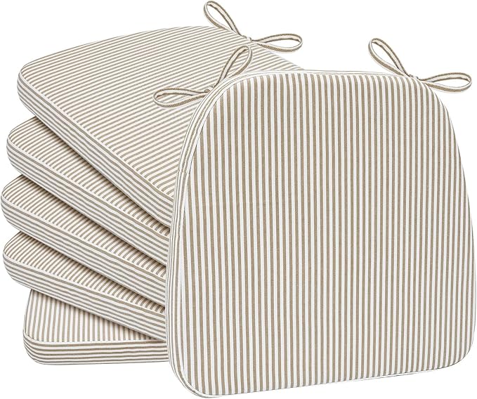 AAAAAcessories D-Shaped Chair Cushions, 2" Thick Dining Chair Pads with Ties and Removable, Machine-Washable Cover, 17" x 16", Set of 6, Natural Sand Pinstripe