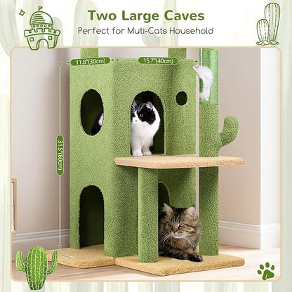 Globlazer Cactus Cat Tree Tower for Indoor Cats, 50-inch Adult Cat Tree House for Large Adult Cats with Steps, Scratching Post, 2 Cat Caves, Dangling Toys, FC50, Green