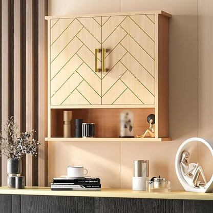 Natural Chevron Pattern Bathroom Wall Mount Cabinet, Over The Toilet Storage