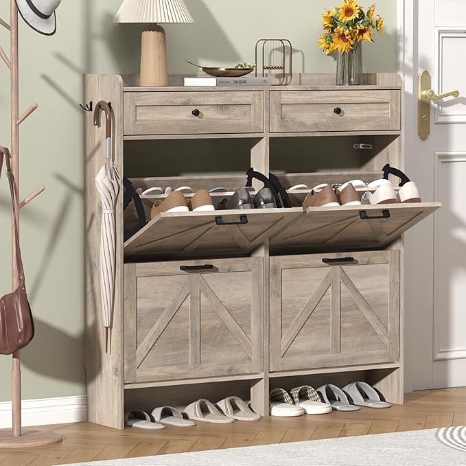 Shoe Cabinet with 4 Flip Drawers & 2 Storage Drawers, Rustic Farmhouse Narrow