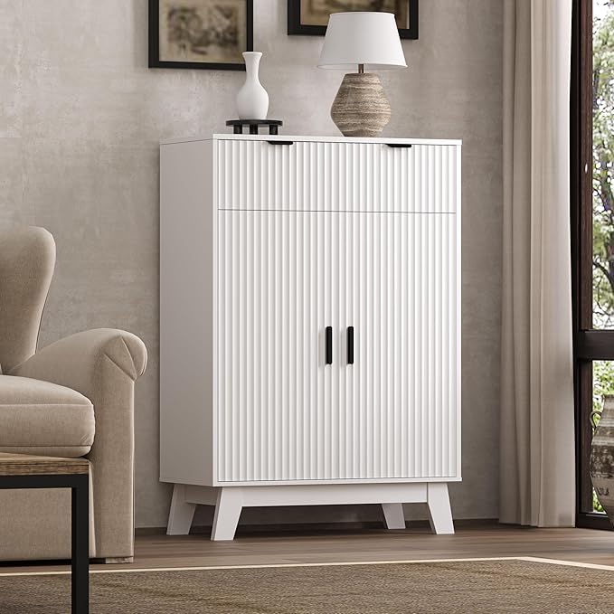 Fluted Shoe Cabinet, 4-Tier Mid Century Modern Narrow Shoe Storage Cabinet