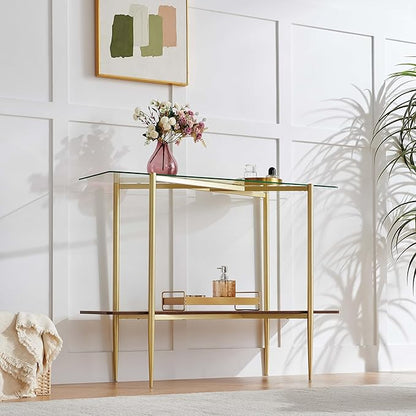Pine Flicker Rectangle Glass Console Table, Mid-Century Modern Design, L41*W14*H32 inch, for Living Room, Clear Glass Top and Walnut Finish Wood Shelf, Conical Metal Legs with Gold Finish