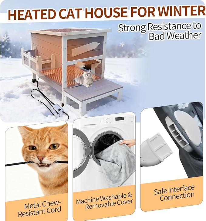 Rockever Heated Cat House for Outside Cats in Winter, Large Heated Cat Houses with Heating Pad, Wooden Outside Cat Shelter Weatherproof with Escape Door