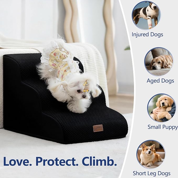 GoGoBunny Ramp Dog Stairs for High Beds 24.4" H, 5-Step Extra Wide Dog Slope Stairs with Durable Waterproof Fabric Cover, Pet Steps for Old Large Dogs Climbing, Non-Slip Sturdy Indoor Step, Black