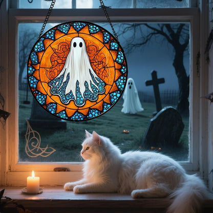 Stained Glass Window Hanging - Halloween Decorations White Ghost Suncatcher for Doors Garden Indoor Spooky Funny Blue Sun Catchers Gothic Decor Horror Gifts for Women Men Friend 7.8 in