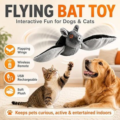 Flying Bat Dog Toy, Flying Bat Toy for Dogs & Cats with Flapping Wings and Chirping Sound, Motion-Activated Interactive Pet Toy for Hanging, Ground and Indoor Chase Play (3PCS)
