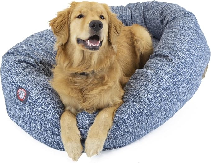 Majestic Pet Bagel Calming Dog Bed, 52 Inch X-Large, Round, Washable, Blue | Cozy Soft Fluffy Donut Pet Bed with Spine Support for Head Rest – Anti-Anxiety Comfort for Puppies & Dogs, 52x35x11 Inches