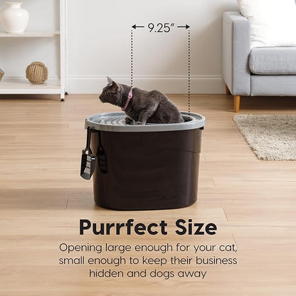 IRIS USA Cat Litter Box Large Top Entry with Lid Enclosed Covered Hooded Design Litter Catching Scatter Shield Pan Dog Proof Pet Proof Scoop Included Odor Control for Indoor Cats Kittens Black/Gray
