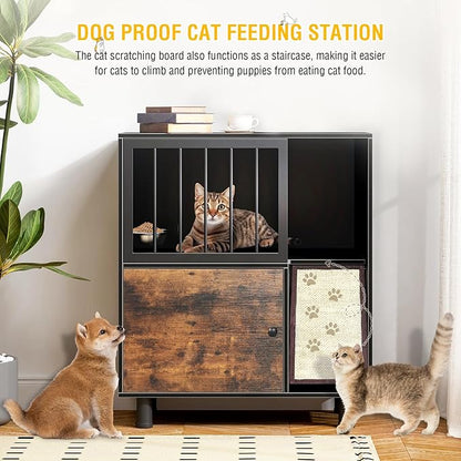 Dog Proof Cat Feeding Station, Cat Feeding Station with Scratching Board, Raised Bowls for Indoor Cats, Elevated Food Bowls with Stand, Vintage Black Furniture