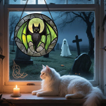 Stained Glass Window Hanging - Halloween Black Bat Green Wings Monster Suncatcher for Doors Garden Home Spooky Sun Catchers Gothic Decor Horror Gift for Women Men Friend Boy Girl 9.8 in