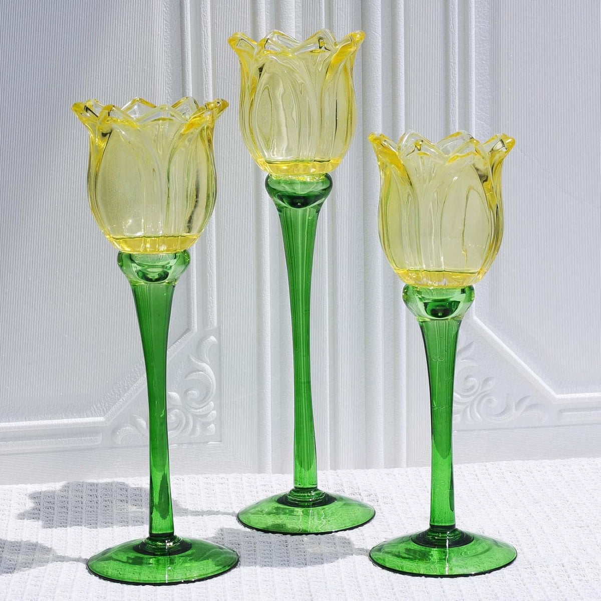 VOHO Yellow Tulips Candle Holders for Modern Home Decor, Bright Yellow Tealight Candle Holder Birthday Gifts for Women Friends, Tulip-like Tea Lights Candle Holder for Party Table Centerpiece(Set of3)