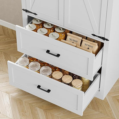 Pantry Organizers and Storage Cabinet, 71” Barn Door White Kitchen Cabinet