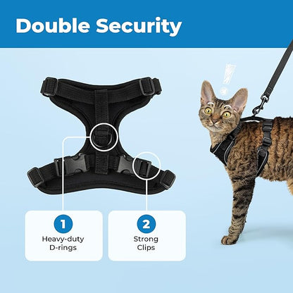 Voyager Escape Proof Cat Harness and Leash Set with Reflective Stitching, Neoprene Handle 5ft - Supports Small, Medium and Large Cats, Kittens for Walking by Best Pet Supplies - Black, XXXS