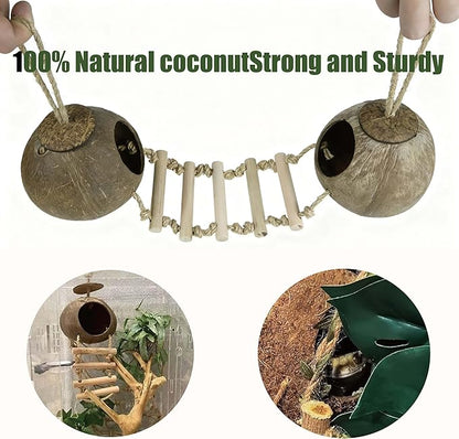 10PCS Crested Gecko Tank Accessories Set – Natural Double Coconut Shell with Ladder, Plants and Bridge Vines for Reptile Terrarium, Leopard Gecko, Lizard, Hermit Crab or Snake Habitat Decor