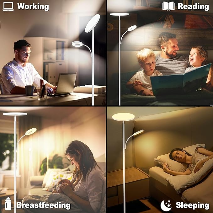 White Floor Lamps for Living Room Bedroom, 42W/4300LM Super Bright LED Floor Lamp with Remote and Touch Control, Stepless Dimmable, 69" Tall Standing Lamp with Gooseneck Reading Light for Office