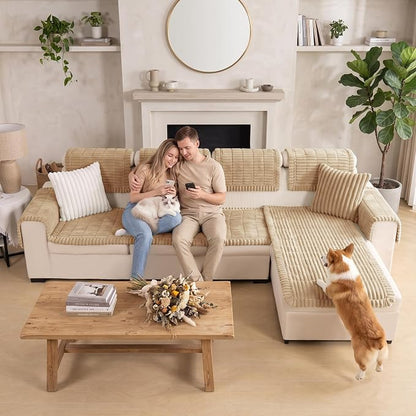 FUANGUI 2 Pack Waterproof Couch Cover for Dogs Pets Sofa Protector | Non-Slip Washable Fuzzy Soft Sofa Slipcover for 2 PCS L Shaped Sofa Pet Friendly, 27.6" x 59.1"+27.6" x 70.9",Khaki
