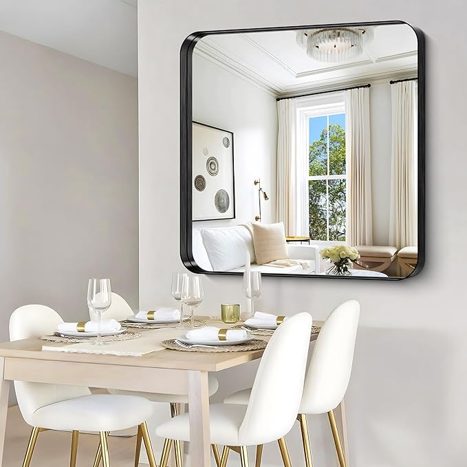 CIRCUMI Black Bathroom Mirror, Rounded Corner, Tempered Glass, Mirror