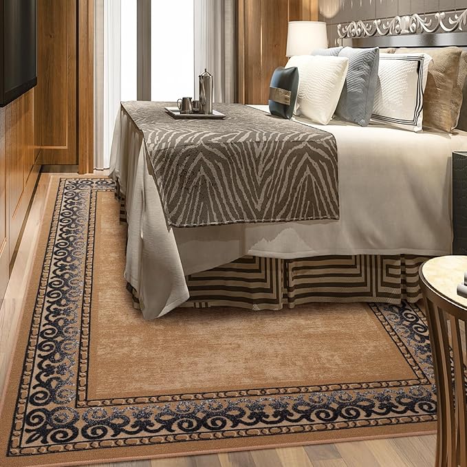 Antep Rugs Alfombras Bordered Modern 3x5 Non-Slip (Non-Skid) Low Pile Rubber Backing Indoor Area Rug (Gold Brown, 3' x 5')