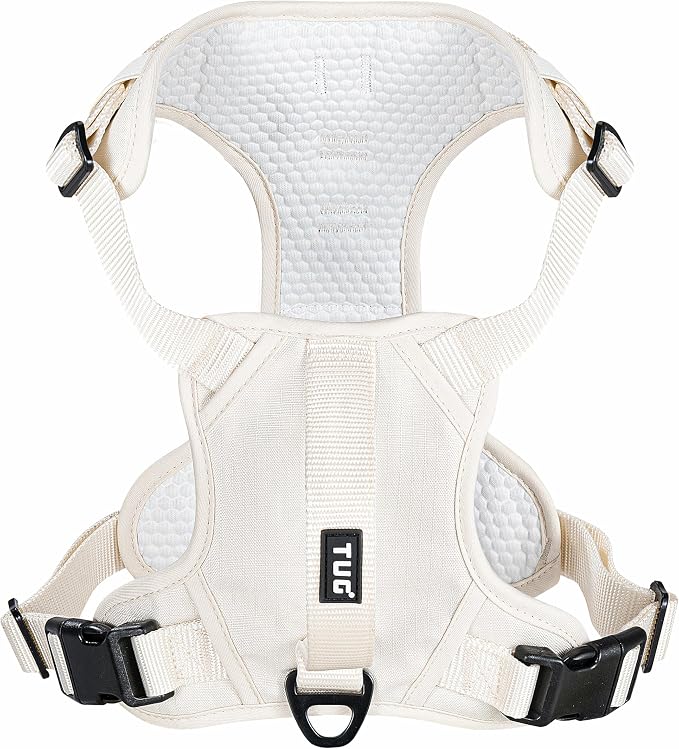 TUG No-Pull Dog Harness, 2 Leash Clips + Padded Handle (Large, Cream) | Water-Resistant Padded Interior | No-Pull Front Clip | Padded Back Handle | Adjustable Straps