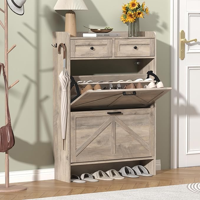 Shoe Cabinet with 2 Flip Drawers & 2 Storage Drawers, Rustic Farmhouse Narrow