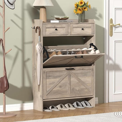 Shoe Cabinet with 2 Flip Drawers & 2 Storage Drawers, Rustic Farmhouse Narrow