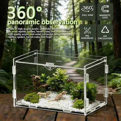 Acrylic Jumping Spider Enclosure, Small Reptile Insect Terrarium, Spider Tank with Magnetic Door & All-Side Vent, Pre-Assembled Habitat for Spiderling, Mantis, Tarantula, Snail 4.7" * 4.7" * 7.8"