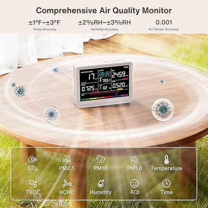16 in 1 Air Quality Monitor Indoor 10h Battery & 5.5" Display 9 AQI+7 AQI Alerts