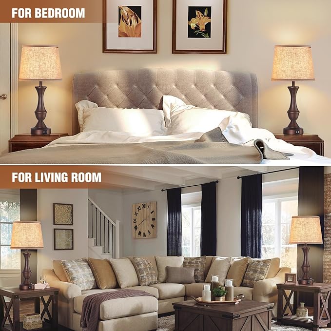 Luvkczc Touch Table Lamps Set of 2, 22" Tall Bedside Lamps with USB C+A Ports, Dimmable Table Lamp, Nightstand Lamps for Bedroom, Living Room, Office, Brown Lamps with Beige Lampshade, Bulbs Included