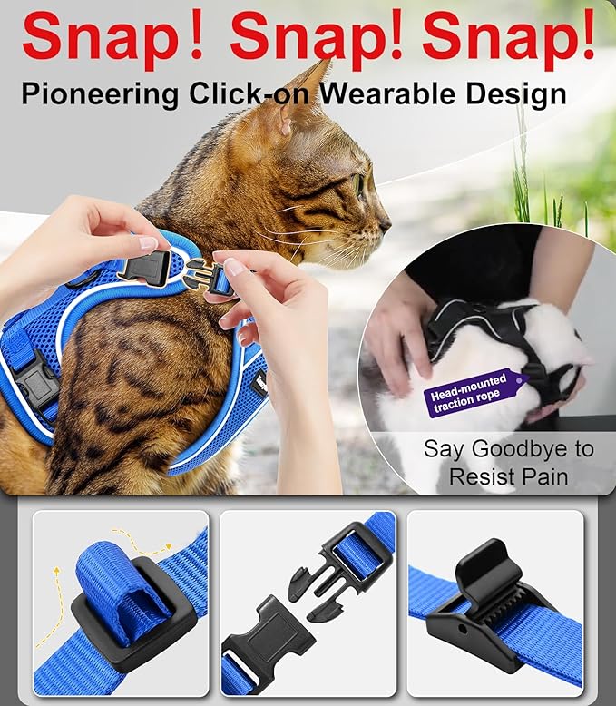 Cat Harness and Leash for Walking Escape Proof Soft Adjustable Cat Leash Breathable Comfortable Vest Easy to Wear Kitten Harness for Outdoor Travel Blue S