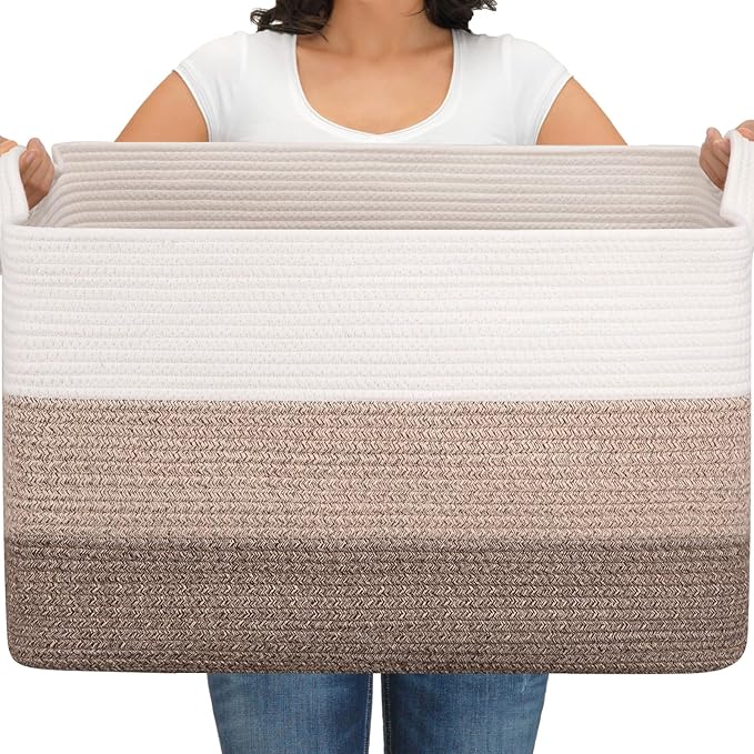 OIAHOMY Extra Large Blanket Basket, 95L Woven Storage Basket, Cotton Rope Toy Bin for Baby Room, Container for Storage in Living Room, 24''×17''×14'', Gradient Brown