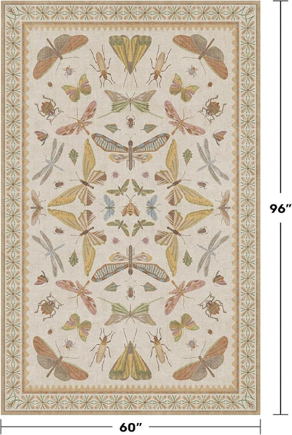 Washable Neutral Area Rug Living Room, 5x8 Washable Rugs for Bedroom Under Bed, Nursery Room, Boho Vintage Insect Butterfly Non-Slip Low Pile Stain Resistant - Beige/Yellow