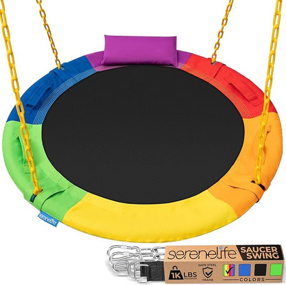 SereneLife 40" Saucer Swing - Outdoor Swing Set with Heavy-Duty Chains & Hanging Kit, Swinging Seat Spinner with Pillow & Carry Bag, Weatherproof, Water-Resistant, Supports Up to 700 lbs, Rainbow