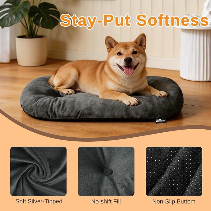 Washable Oval X-Large Dog Bed, Silver-Tipped High-Resilience, Dark Gray | Non-Slip Bottom Prevents Sliding, Soft Plush Short Fur, Machine Washable, Ideal for Crates/Apartments/Cozy Nooks,41"x27"x3.6"