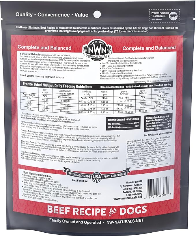 Northwest Naturals Freeze-Dried Beef Dog Food - Bite-Sized Nuggets - Grain-Free, High-Protein, Raw Diet, Human-Grade Ingredients, All Natural, Premium Quality, Healthy & Nutritious - 12 Oz
