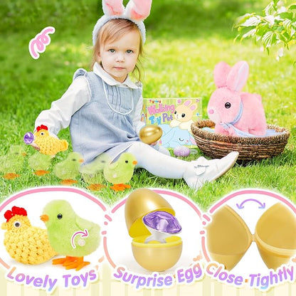 Tagitary Plush Toys Walking Bunny for Kids,Easter Stuffed Bunny with Sounds,Interactive Toys with Leash,Golden Egg,Wind Up Toy, Can Hop,Wiggle Ears,Twitch Nose,Ideal Easter Gifts for Toddlers