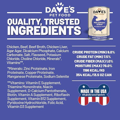 Dave's Pet Food Grain Free Wet Dog Food (95% Chicken & Beef), Made in USA, Limited Ingredients, Added Vitamins & Minerals, 12.5 oz Cans (12 Pack)