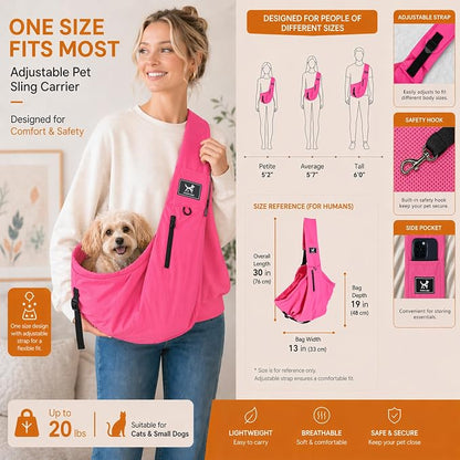 Dog Sling Carrier for Small Dogs & Cats 5-20 lbs, Adjustable Depth | Breathable Air Mesh Puppy Sling, Water-Resistant Travel Bag, Double Safety Leash, Machine Washable, Hands-Free Pouch, Fuchsia