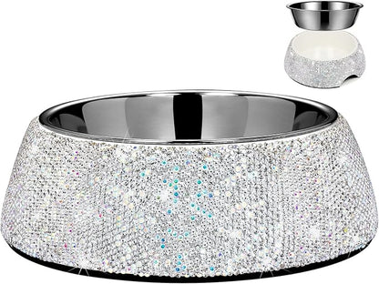 SlowVibes Bling Stainless Steel Dog Cat Bowl, Detachable, 18 oz | Rhinestone metal food or water bowl for medium large dogs and cats, rust-resistant non-slip puppy dish, sparkle pet essential