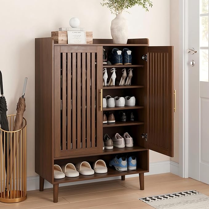 Shoe Storage Cabinet with 2 Slatted Doors, 6-Tier Large Shoe Cabinet with
