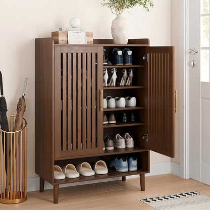 Shoe Storage Cabinet with 2 Slatted Doors, 6-Tier Large Shoe Cabinet with