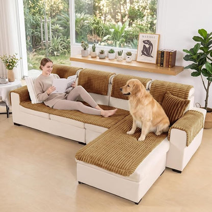FUANGUI 2 Pack Waterproof Couch Cover for Dogs Pets Sofa Protector | Non-Slip Washable Fuzzy Soft Sofa Slipcover for 2 PCS L Shaped Sofa Pet Friendly, 27.6" x 70.9"+27.6" x 82.7", Camel
