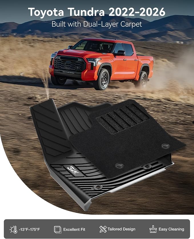 3W Floor Mats & Front Carpets Fit 2022-2026 Toyota Tundra (Only for CrewMax Cab), SR/SR5/TRD PRO/Limited/Platinum/Castone Custom Fit All-Weather TPE Front & Rear Row Floor Liner Black