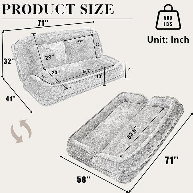 Foldable Lazy Sofa Bed, Double Human Dog Bed for Adults, Black | Skin-friendly Breathable Soft Chenille Upholstered, 5 Adjustable Backrest Positions, 3 Soft Cushions for Living Room