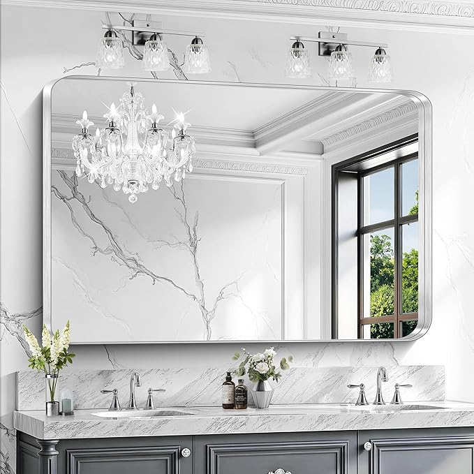 CIRCUMI Silver Bathroom Mirror, Rounded Corner, Tempered Glass, Large Mirror